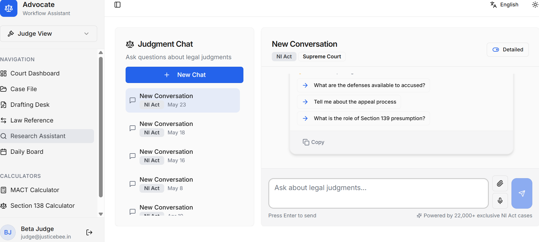Research Assistant — AI chat over 22,000+ NI Act cases